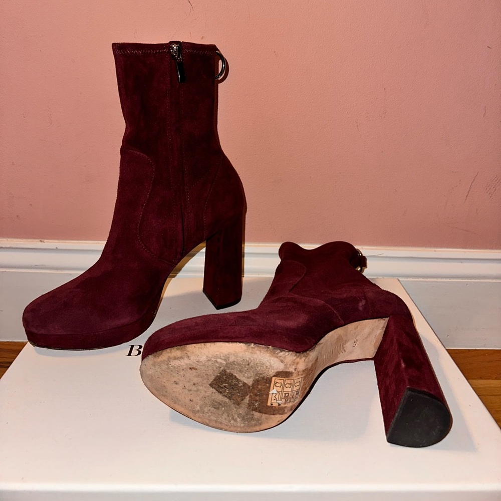 Paige Almond-Toe Bootie in Maroon Suede, high platform 4 inches